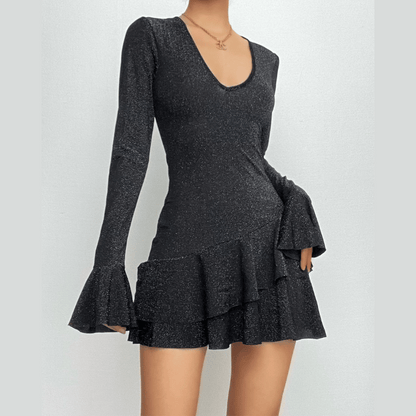 BerriesJam - V Neck Ruffle Irregular Long Flared Sleeve Mini Dress