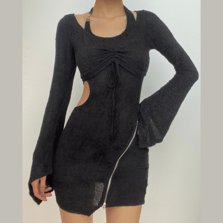 BerriesJam - Zip-Up Drawstring Hollow Out Halter Long Sleeve 2 Piece Cut Out Mini Dress