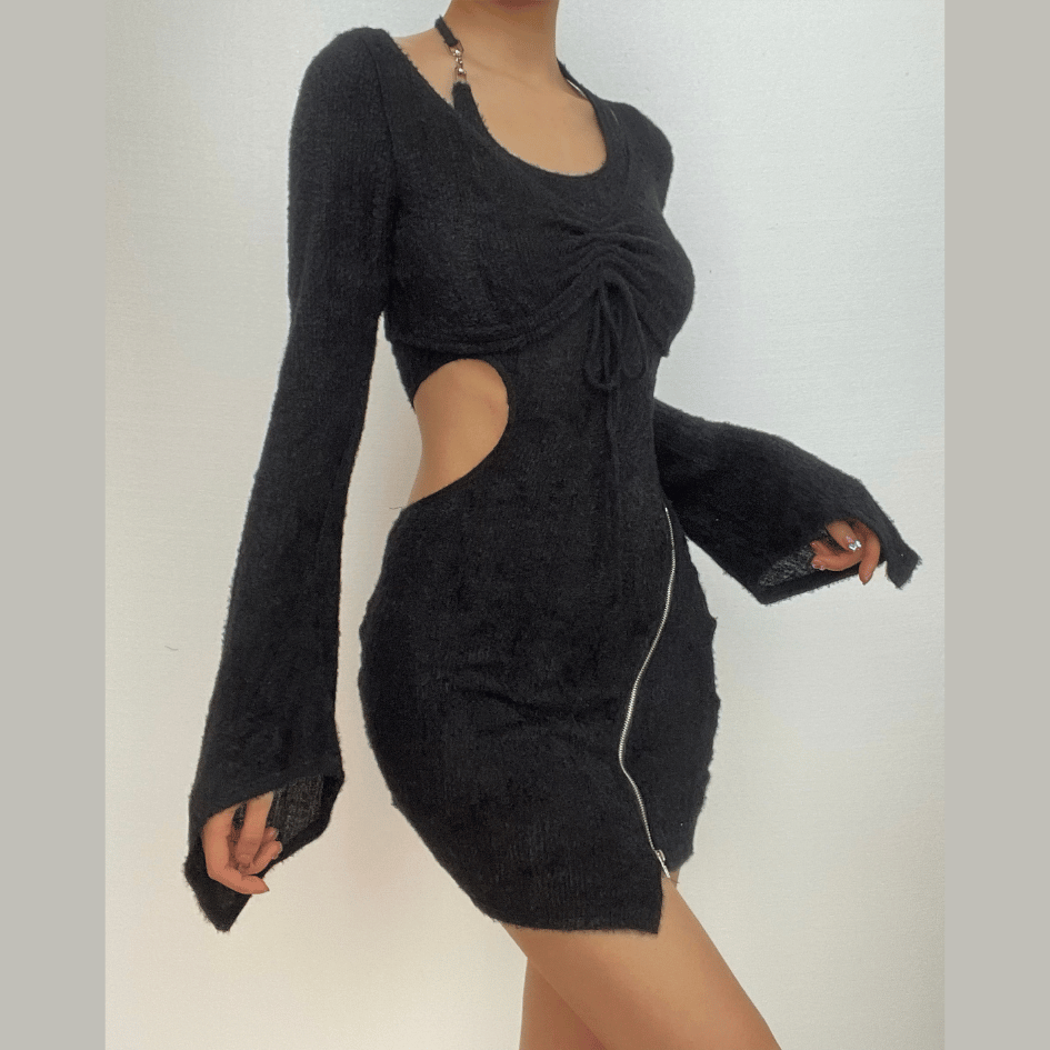 BerriesJam - Zip-Up Drawstring Hollow Out Halter Long Sleeve 2 Piece Cut Out Mini Dress