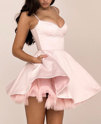 Satin Tulle Frill Charming Strap Mini Dress