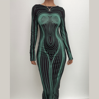 BerriesJam - Sleeve Round Neck Contrast Abstract Body Print Maxi Dress