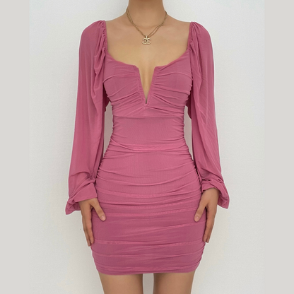 BerriesJam - Mesh Long Sleeve Ruched Notch Neck Zip-Up Mini Dress