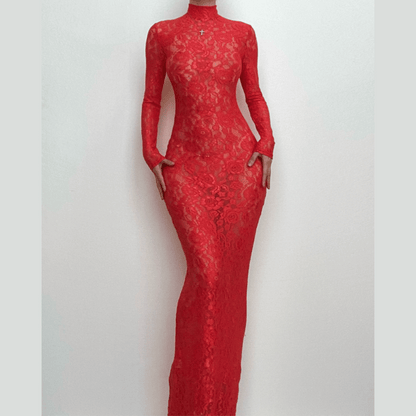 BerriesJam - Sleeve High Neck See Through Lace Maxi Dress