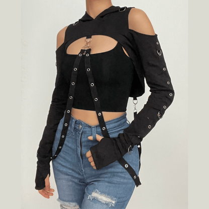 BerriesJam - Hoodie Off Shoulder Buckle Long Sleeve Gloves Crop Top