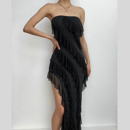 BerriesJam - Backless Solid Ruffle Slit Tube Midi Dress