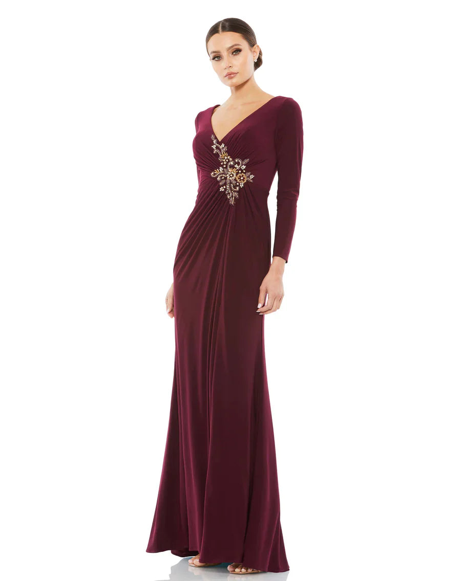 FAUX WRAP LONG SLEEVE Graceful GOWN W/ APPLIQUÉ DETAIL