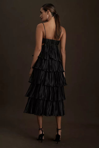 Tiered Pleated V-Neck Charming Cutout Midi Dress