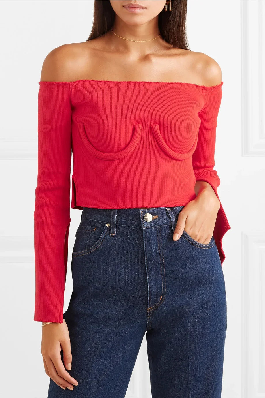 Cropped Off-the-shoulder Stylish Ribbed-knit Sweater