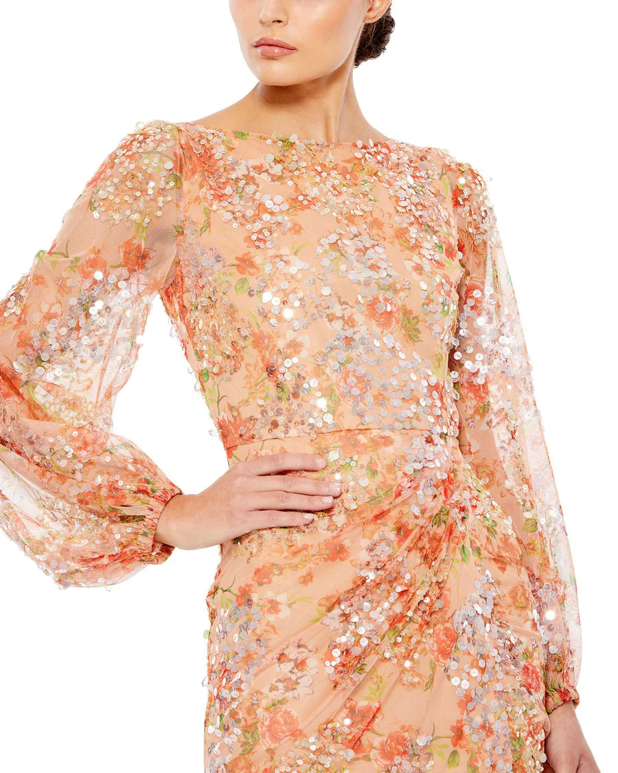 Apricot Sequined Stylish Floral Print Gown