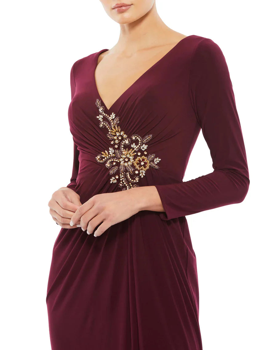 FAUX WRAP LONG SLEEVE Graceful GOWN W/ APPLIQUÉ DETAIL