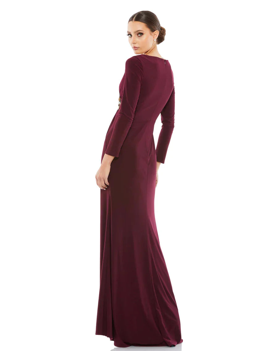 FAUX WRAP LONG SLEEVE Graceful GOWN W/ APPLIQUÉ DETAIL