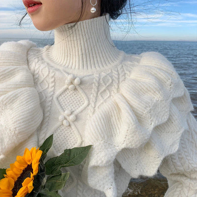 White Turtleneck Lantern Charming Sleeve Ruffle Sweater