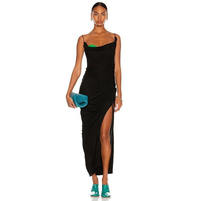 Green Contrast Black Charming Slit Midi Dress