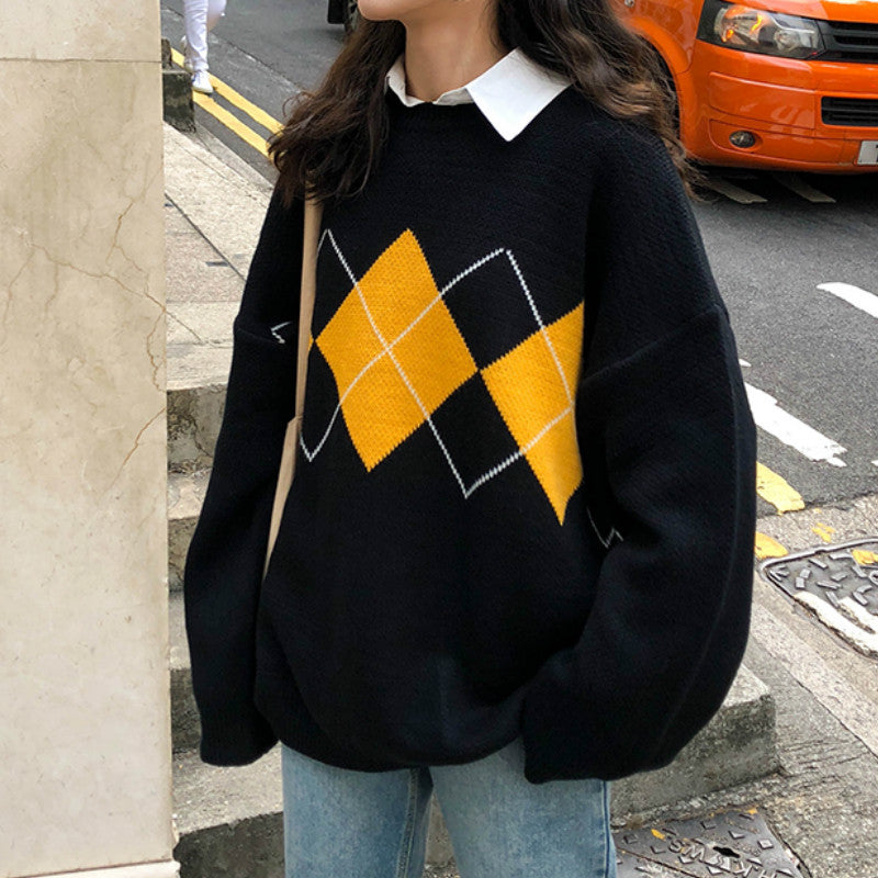 Knitted Sweater Women Argyle Oversize Sweaters Korean Pullovers Ladies Winter Loose Sweaters Female Casual Jumper Ropa De Mujer