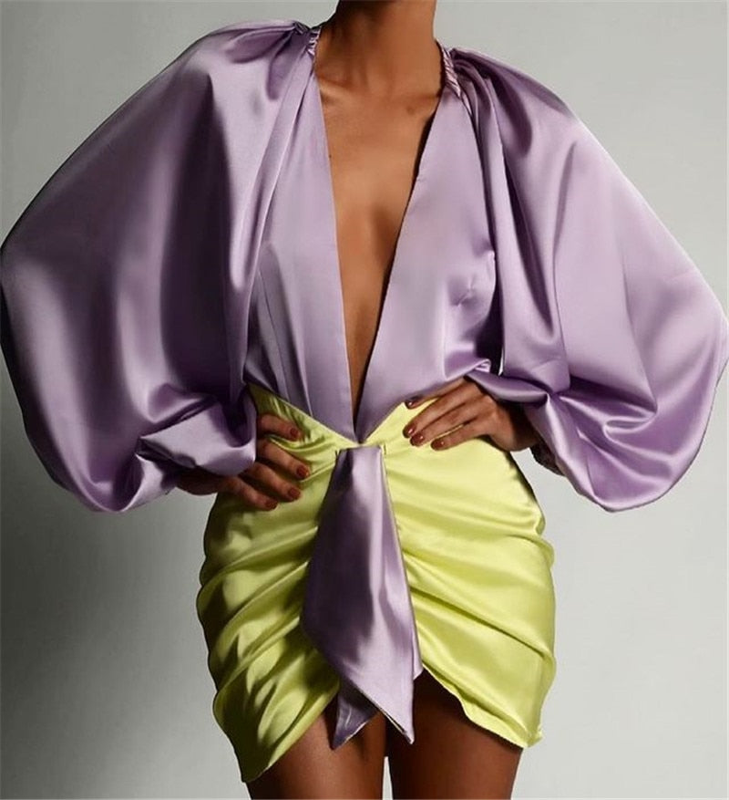 Satin Long Sleeve Deep V-neck Trendy Draped Skirt Two Piece Set