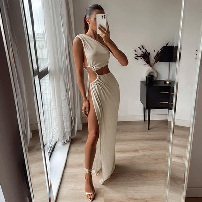 One Shoulder High Split Graceful O-Ring Long Maxi Dress