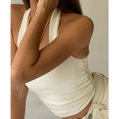 White Ribbed Stylish Halter Crop Top