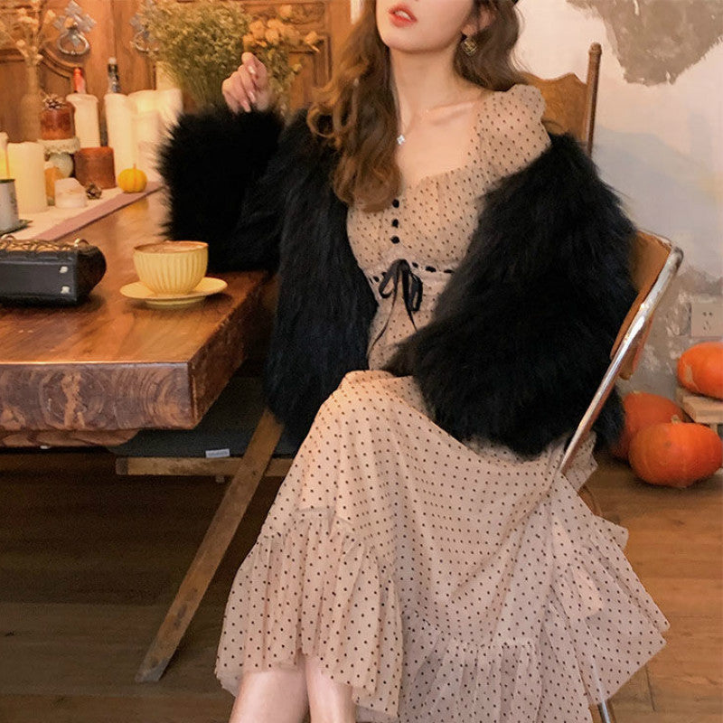 French Vintage Midi Dress Women Puffer Sleeve Square Collor Office Elegant Dress Female Spring Dot One Piece Dress Korean