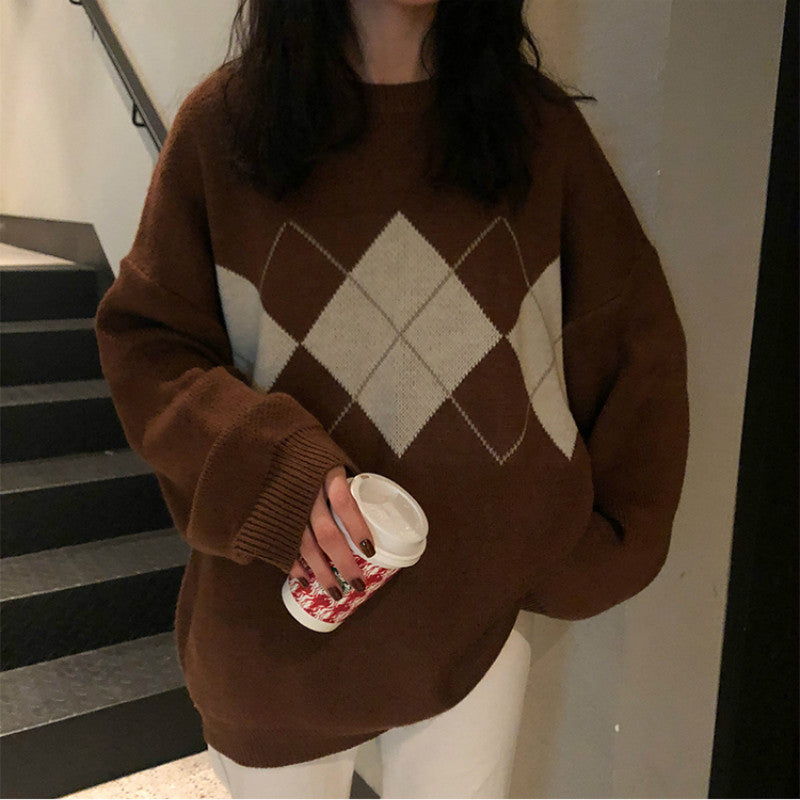 Knitted Sweater Women Argyle Oversize Sweaters Korean Pullovers Ladies Winter Loose Sweaters Female Casual Jumper Ropa De Mujer