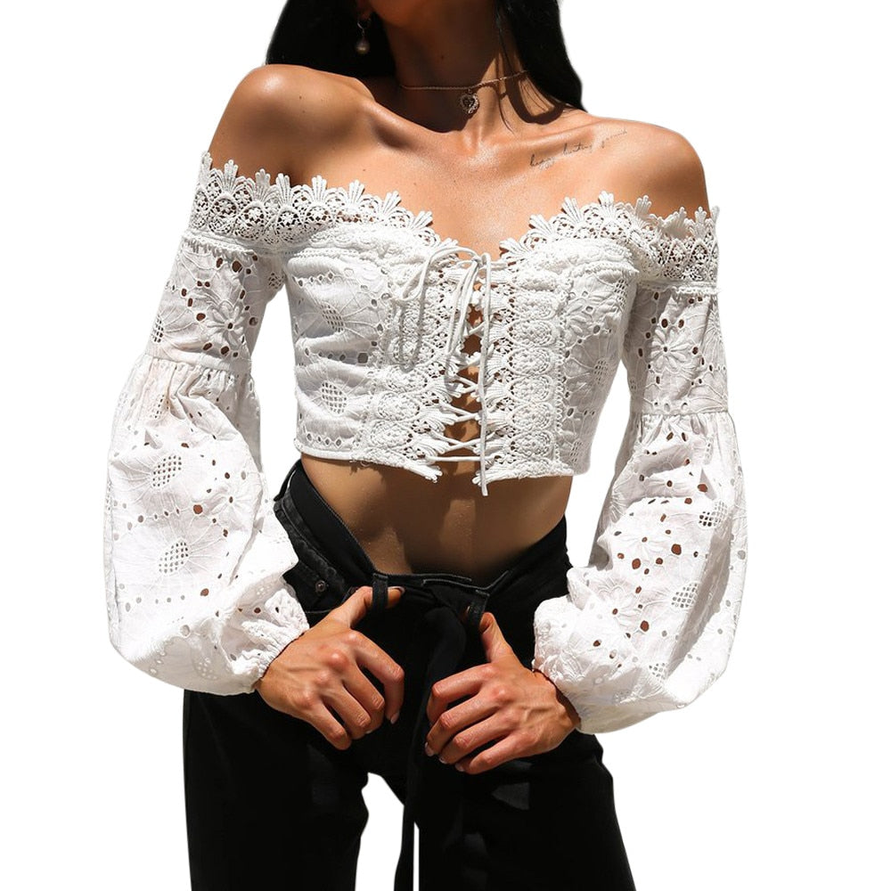 Women Off Shoulder Blouse Ladies Long Sleeve Slash Neck Hollow Lace Loose Shirt Tee Sexy Casual Tops Blusas Femininas Hot New 20