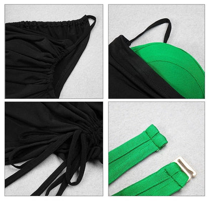 Green Contrast Black Charming Slit Midi Dress