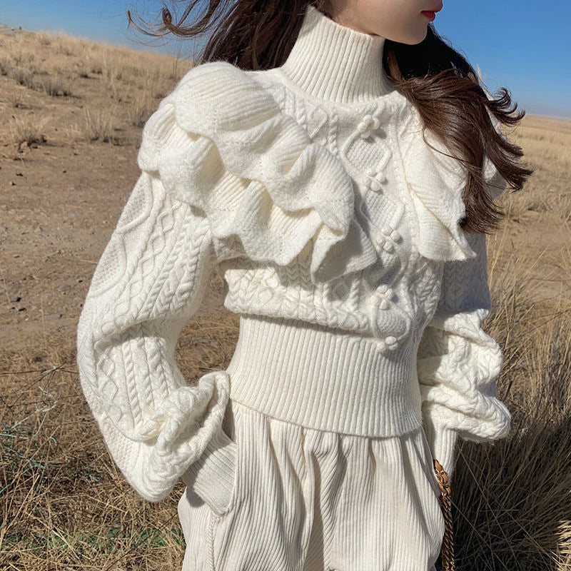 White Turtleneck Lantern Charming Sleeve Ruffle Sweater