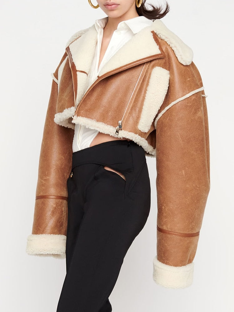 Cropped Fur Stylish Lining Biker Jacket