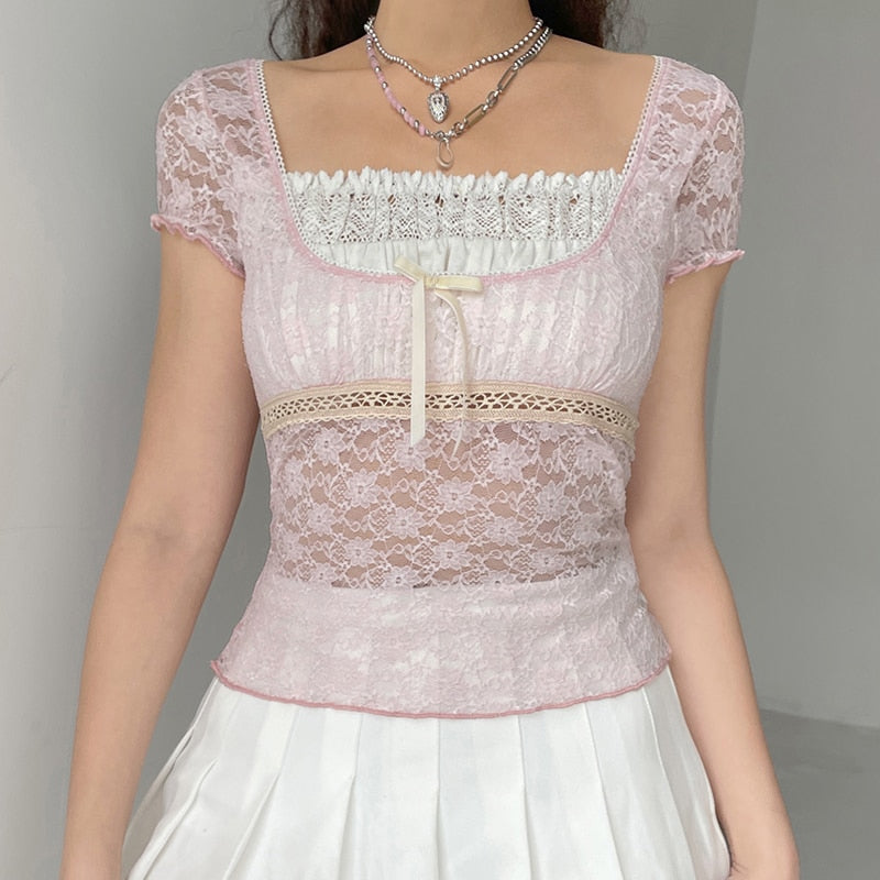 Pink Lace Stylish Short Sleeve Top