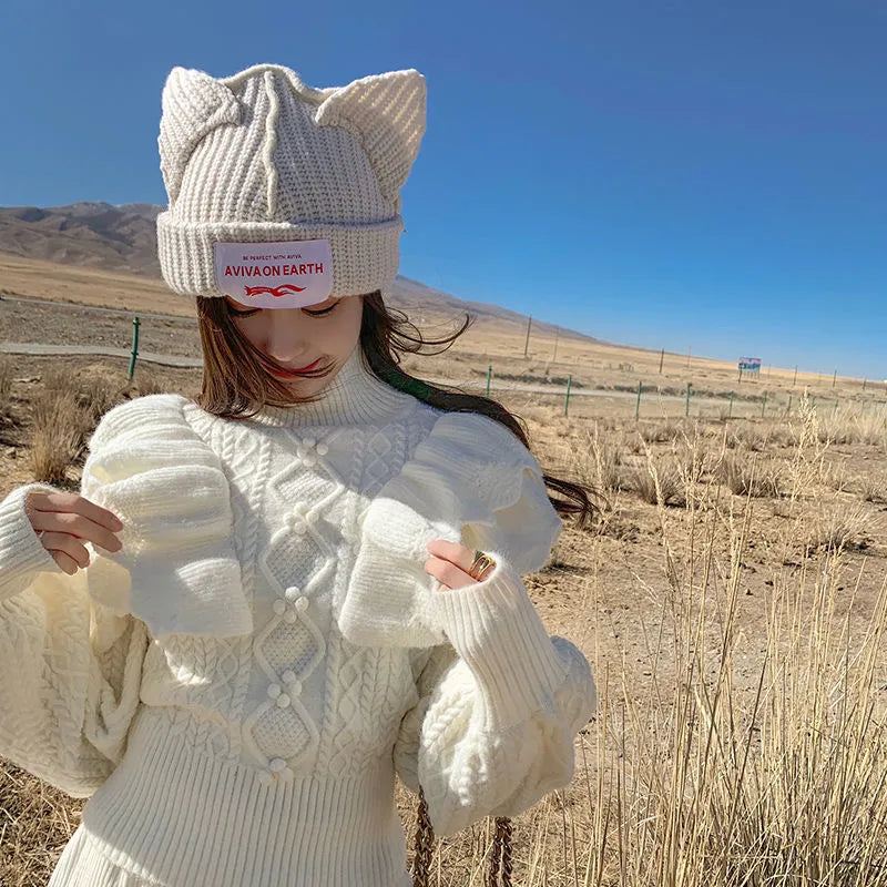 White Turtleneck Lantern Charming Sleeve Ruffle Sweater