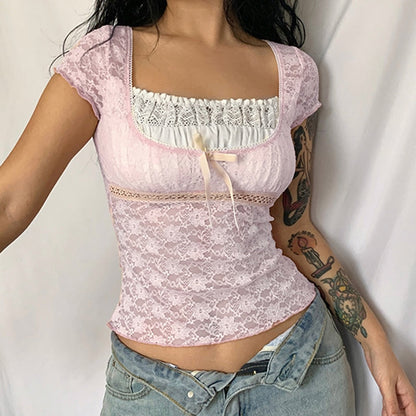 Pink Lace Stylish Short Sleeve Top