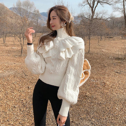 White Turtleneck Lantern Charming Sleeve Ruffle Sweater