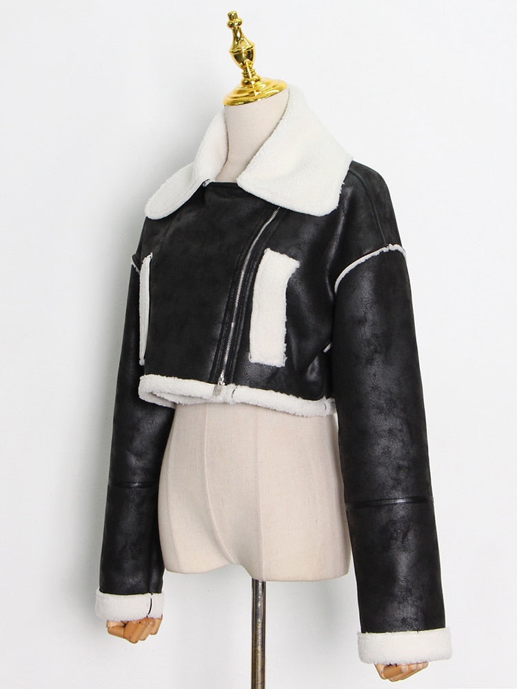 Cropped Fur Stylish Lining Biker Jacket