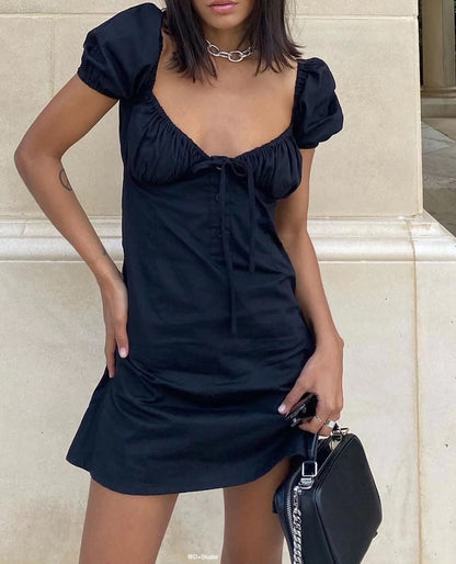 Puff Short Sleeve Charming Front Tie Mini Dress