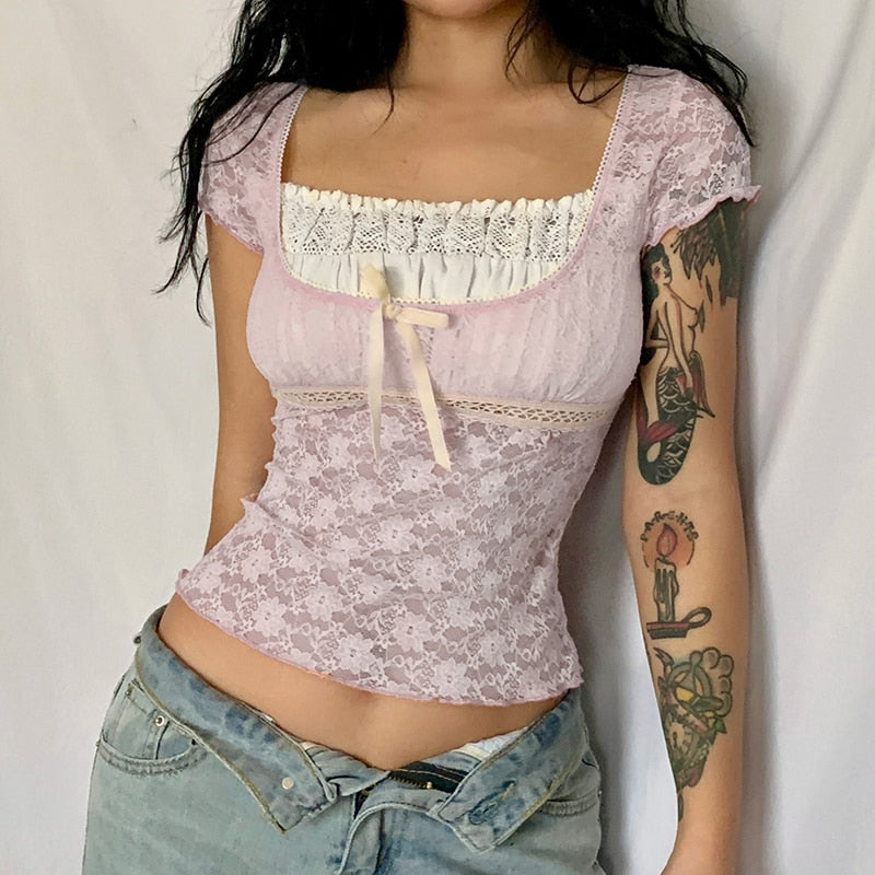 Pink Lace Stylish Short Sleeve Top