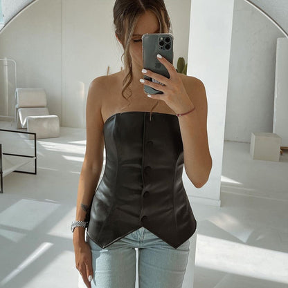 Black Pu Leather Charming Button Up Sleeveless Top