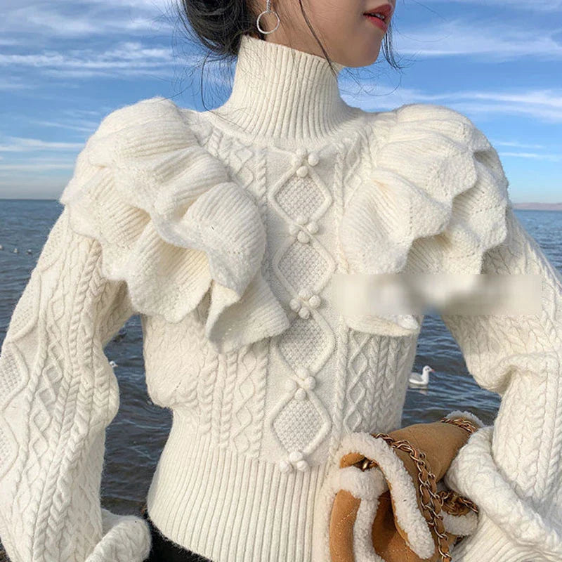 White Turtleneck Lantern Charming Sleeve Ruffle Sweater