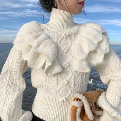 White Turtleneck Lantern Charming Sleeve Ruffle Sweater