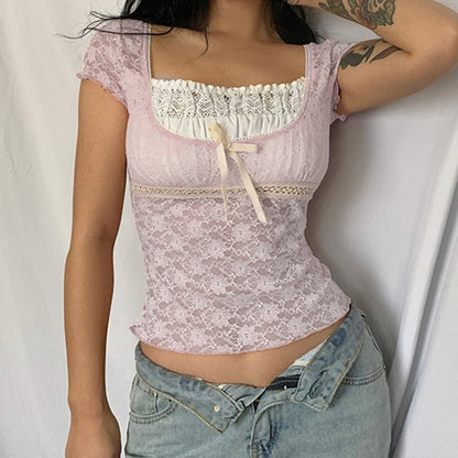 Pink Lace Stylish Short Sleeve Top