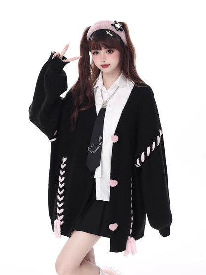 Heart Buttons Ribbion Charming Lace Up Cardigan