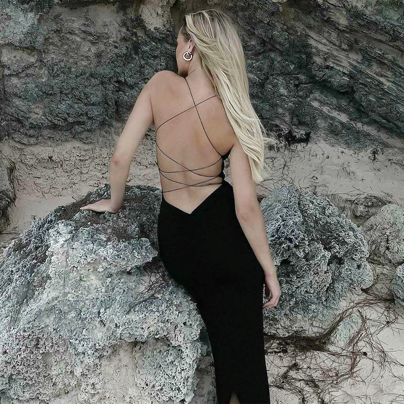 Black Bodycon Backless Charming Thin Strap Maxi Dress