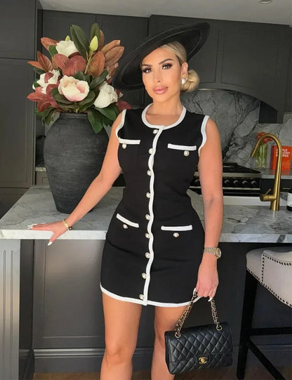 Black Sleeveless Contrast Charming Buttoned Mini Dress