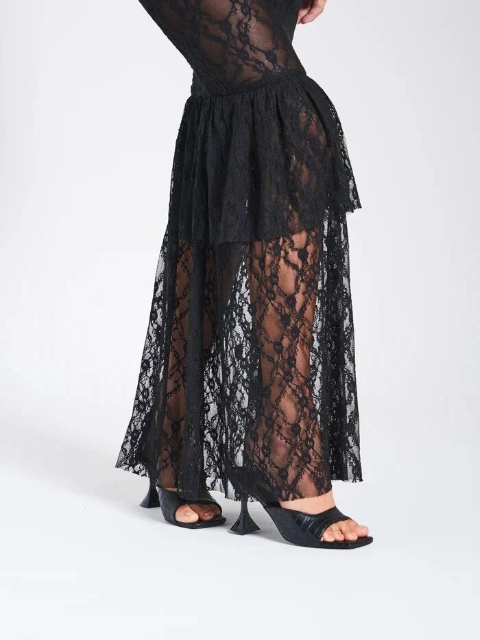 Black Lace Frill Sheer Graceful Tube Corset Maxi Dress