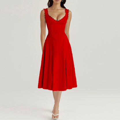 V-neck Doily Trim Frill Midi Dress - Free From Label