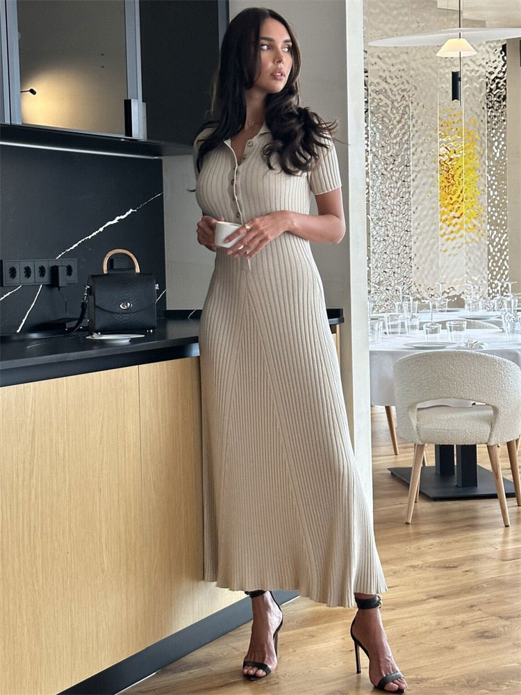 Knit Short Sleeve Charming Collar Maxi Dress