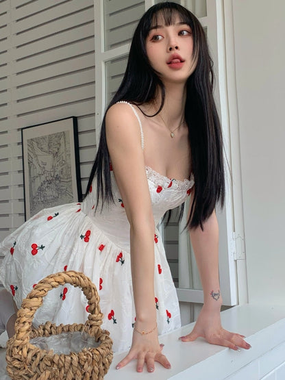 White Cherry Print Charming Skater Mini Dress