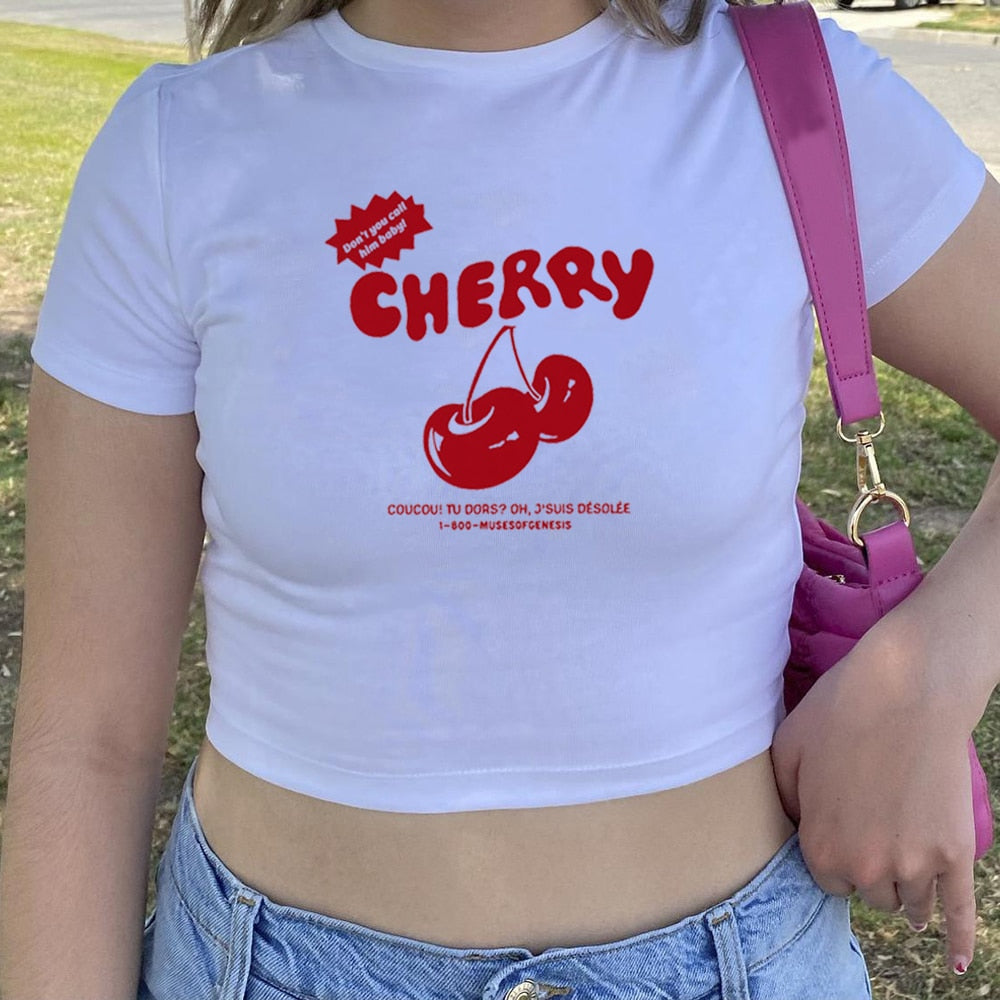 Cherry Red Letter Charming Print White Tee