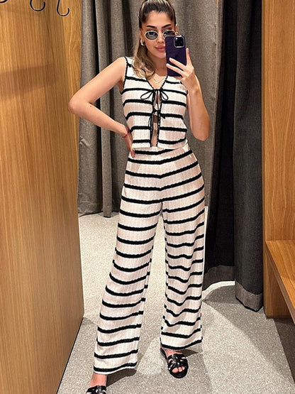 Stripe Knitted Vest Charming Top And Pants Set