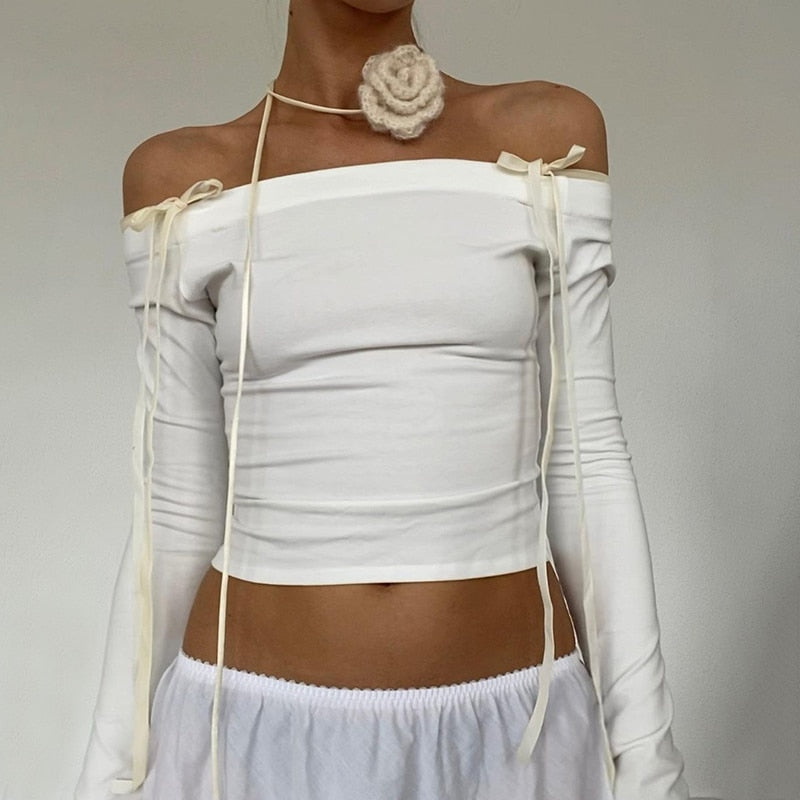 White Off-Shoulder Bow Lace Up Top - Free From Label