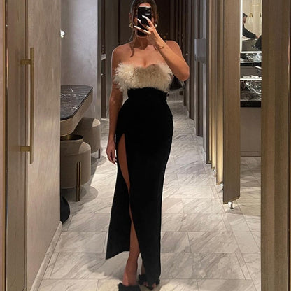 Fur Trim Black Charming Slit Tube Midi Dress