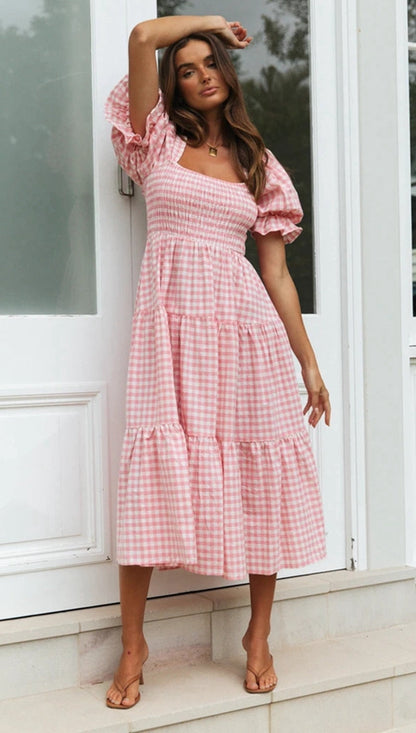 Plaid Puff Stylish Sleeve Midi Dress